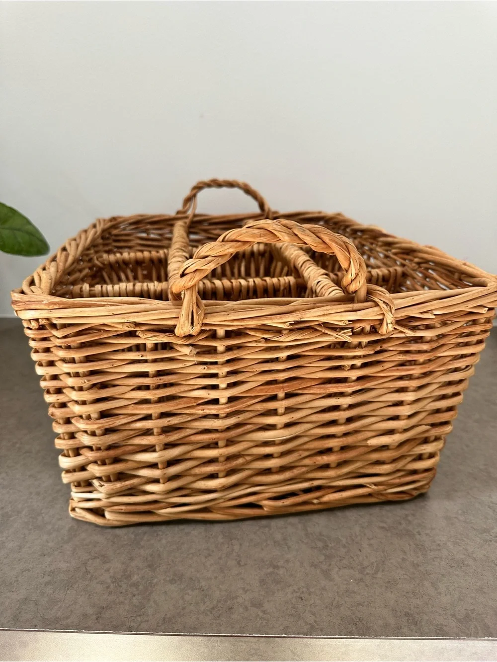 Vintage Woven Rattan Wicker Large Storage Basket 9 Compartments Handles Natural